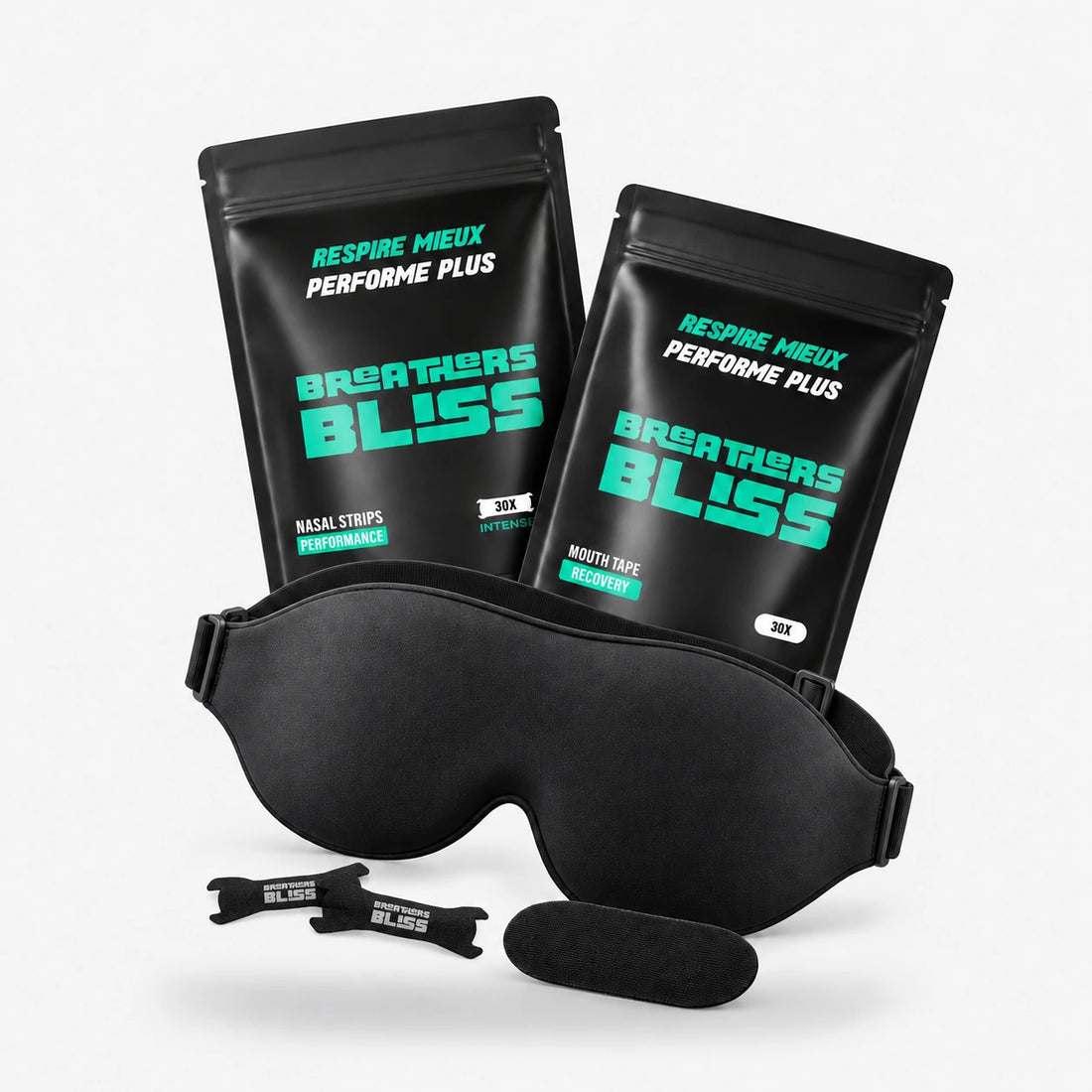 Pack Sommeil Complet BreathersBliss avec bandes nasales Intense noires, bandes buccales noires et masque de sommeil 3D noir.