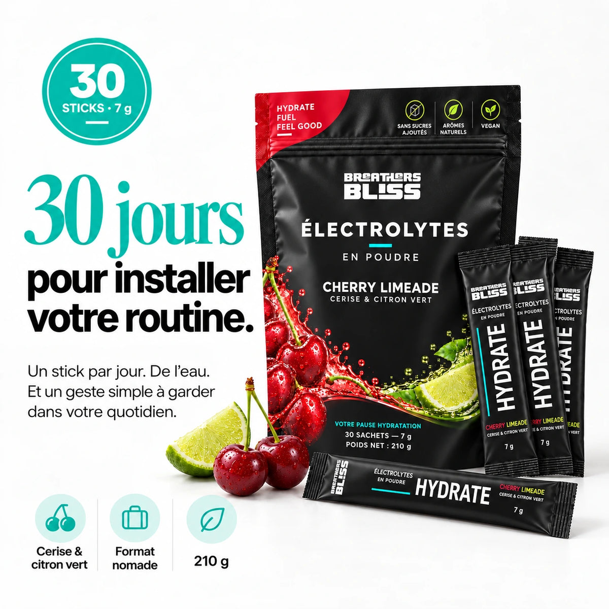 Électrolytes BreathersBliss au format 30 sticks de 7 g, soit 210 g, pour une routine d’un stick par jour.
