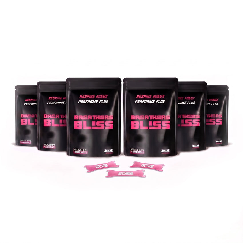 Pack de 6 sachets de bandes nasales Intense roses BreathersBliss, avec les bandes présentées devant.