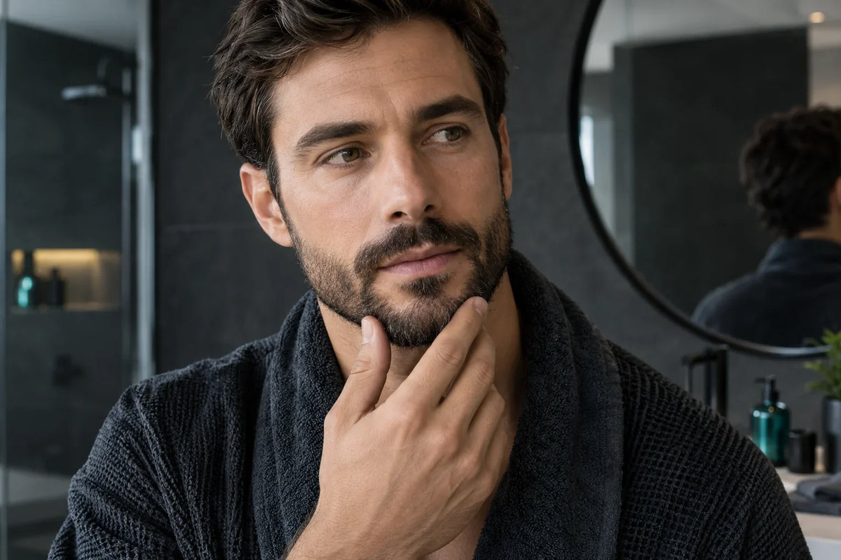 Homme à la barbe courte et à la moustache soignée, touchant son menton devant un miroir.