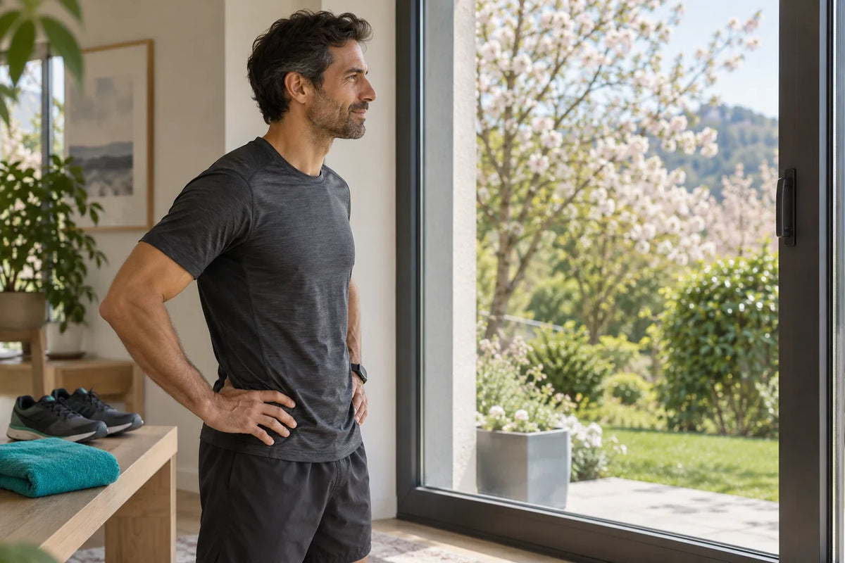 Coureur en tenue anthracite devant une fenêtre fermée, regardant un jardin printanier, avec une serviette turquoise à proximité.