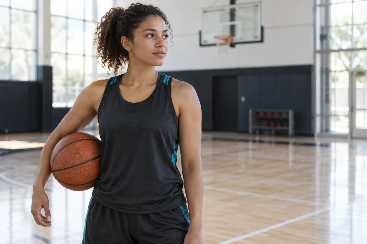 Basketteuse aux cheveux bouclés attachés portant un débardeur anthracite à détails turquoise, avec un ballon orange dans un gymnase