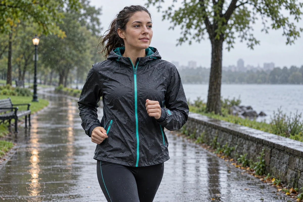 Coureuse en veste anthracite à fermeture turquoise sur un chemin de parc mouillé sous une pluie légère