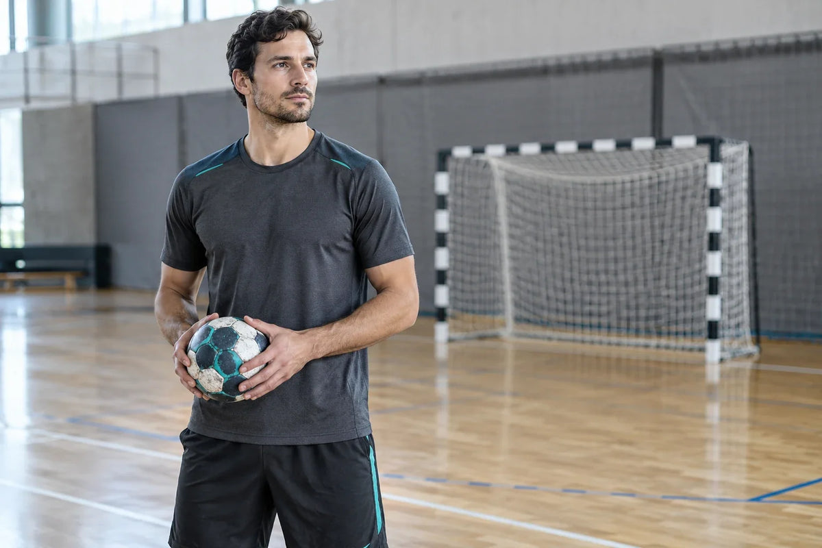 Joueur de handball en tenue anthracite à détails turquoise tenant un ballon dans un gymnase, devant une cage de handball