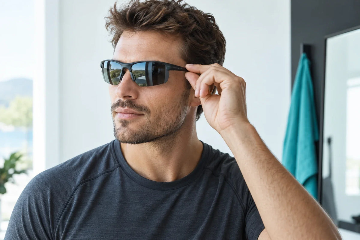 Sportif en haut anthracite ajustant la branche de ses lunettes de soleil dans une pièce lumineuse
