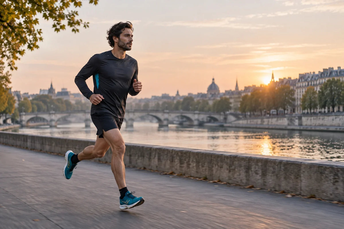 Coureur en tenue anthracite sur un quai au lever du soleil