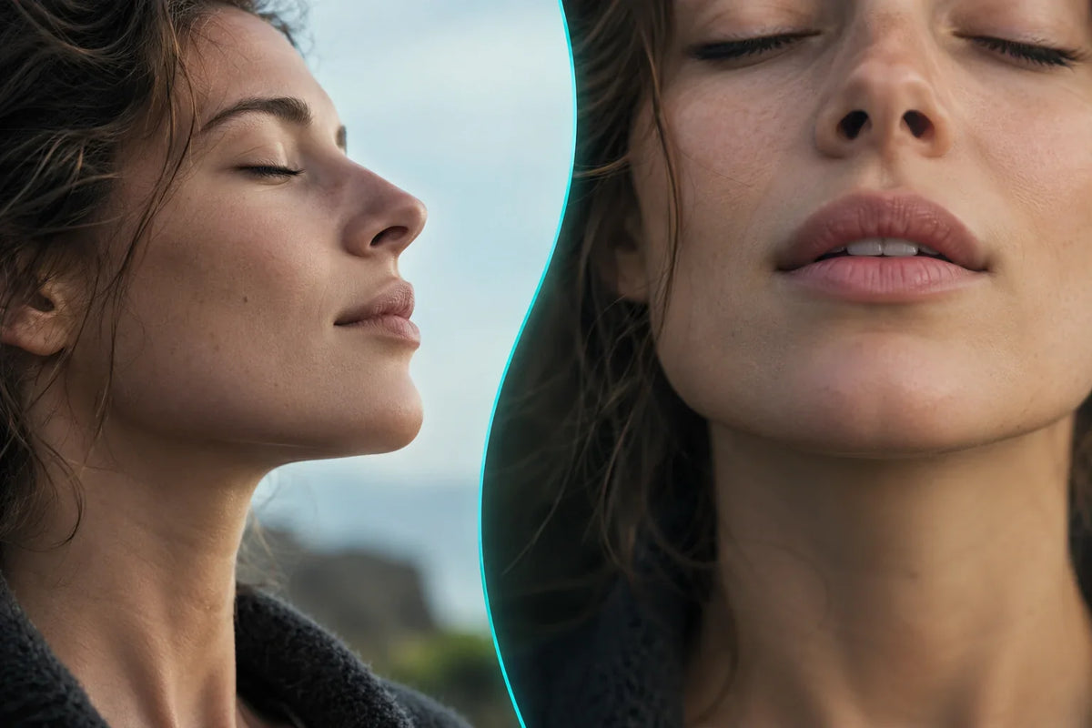 Deux vues rapprochées d’un visage mettant en perspective le nez et la bouche, séparées par une ligne turquoise.