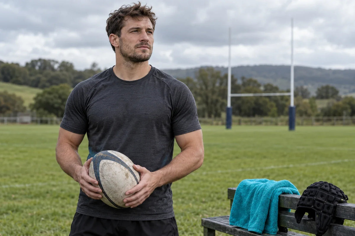 Joueur de rugby en maillot anthracite tenant un ballon ovale près du terrain, avec une serviette turquoise et un casque souple sur le banc.