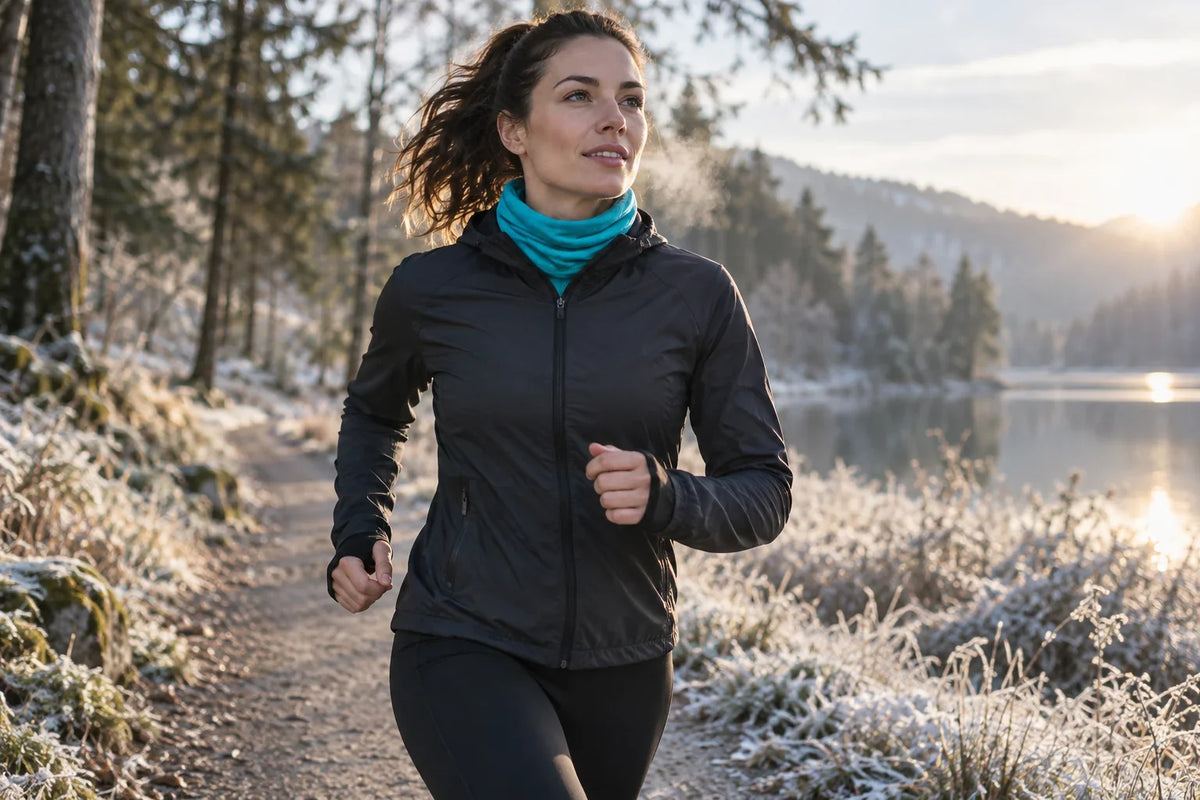 Coureuse portant une veste anthracite et un tour de cou turquoise sur un sentier hivernal