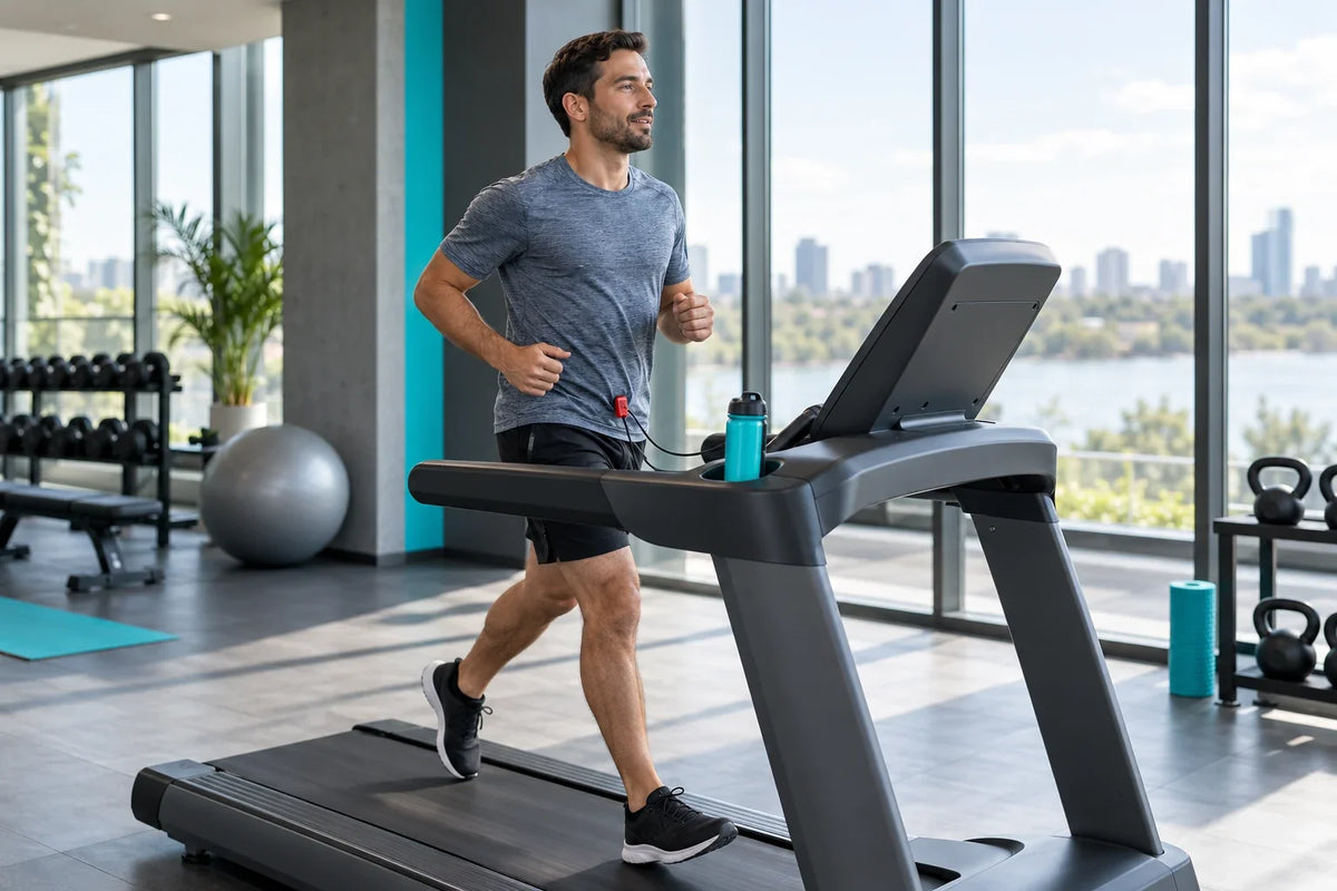 Sportif en haut anthracite courant sur un tapis dans une salle lumineuse avec un cordon de sécurité rouge fixé au vêtement