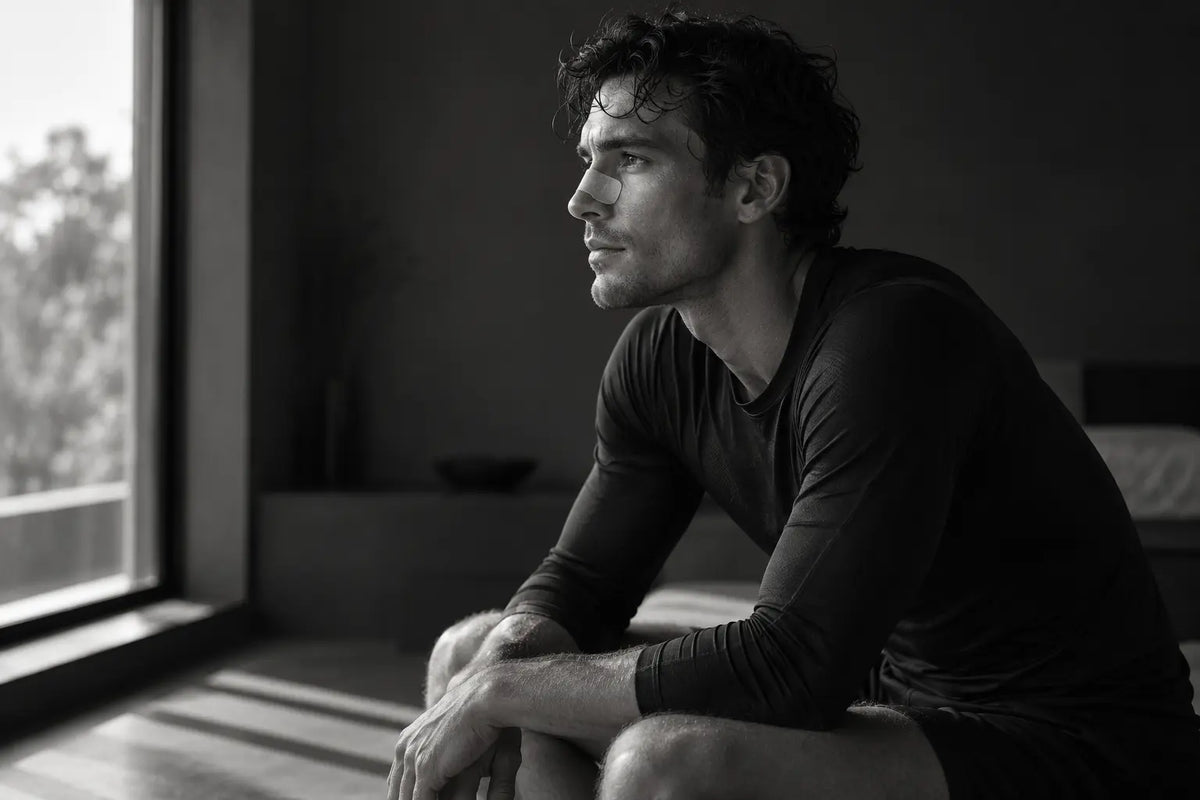 Sportif portant une bande nasale, portrait éditorial noir et blanc