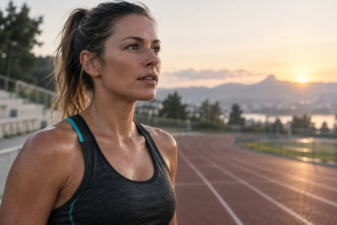 Coureuse en tenue anthracite avec une touche turquoise, reprenant son souffle au bord d’une piste au lever du jour.