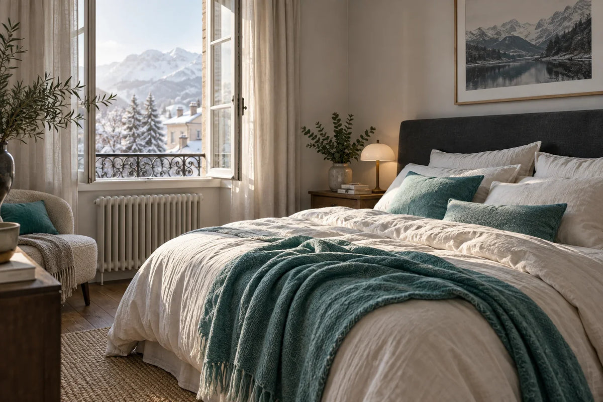 Chambre lumineuse avec linge blanc, plaid turquoise, fenêtre entrouverte et radiateur