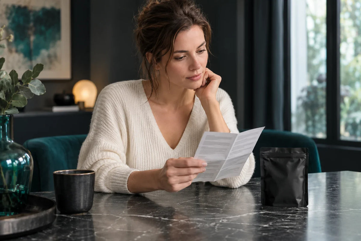 Femme lisant une notice à une table sombre, près d’un sachet noir fermé.