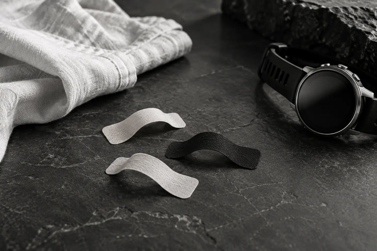 Bandes nasales génériques et montre de sport en photographie éditoriale noir et blanc