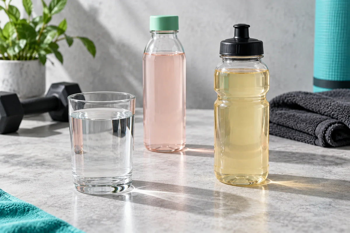 Verre d’eau et deux gourdes contenant des boissons rose pâle et dorée, sur un comptoir clair.
