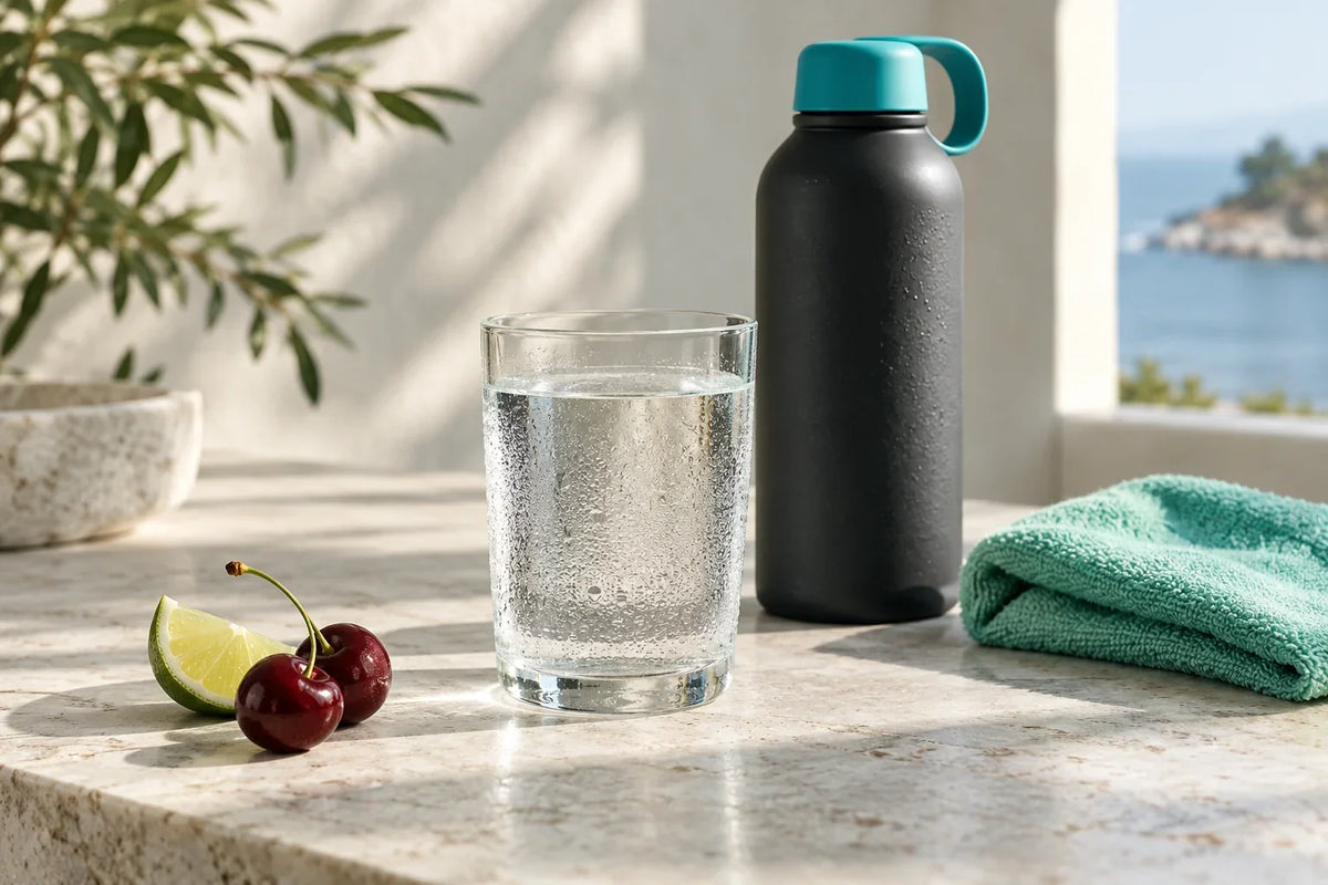Verre d’eau, gourde anthracite, cerises et citron vert sur un plan de travail clair.