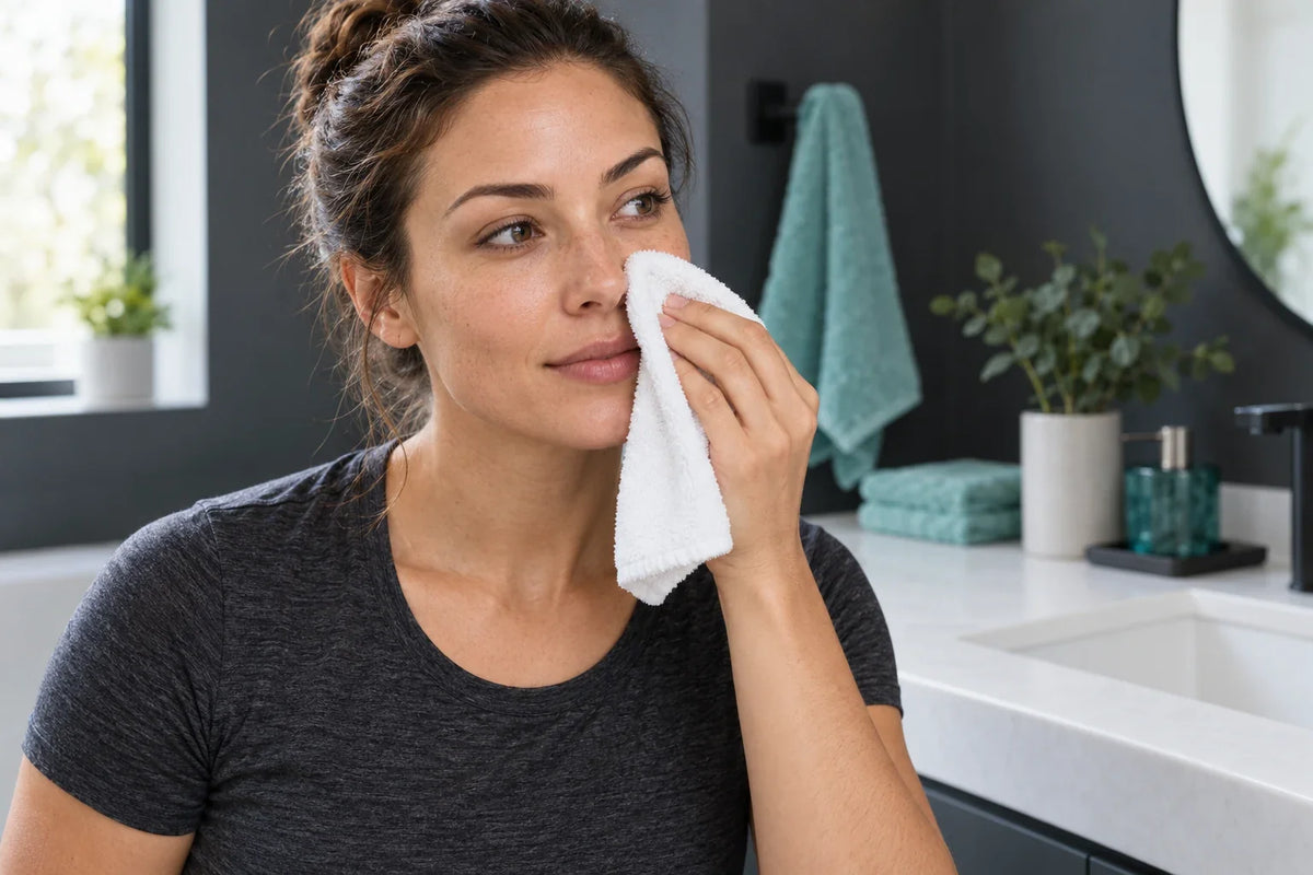 Femme séchant délicatement les côtés de son nez avec une serviette blanche avant la pose d’une bande nasale.