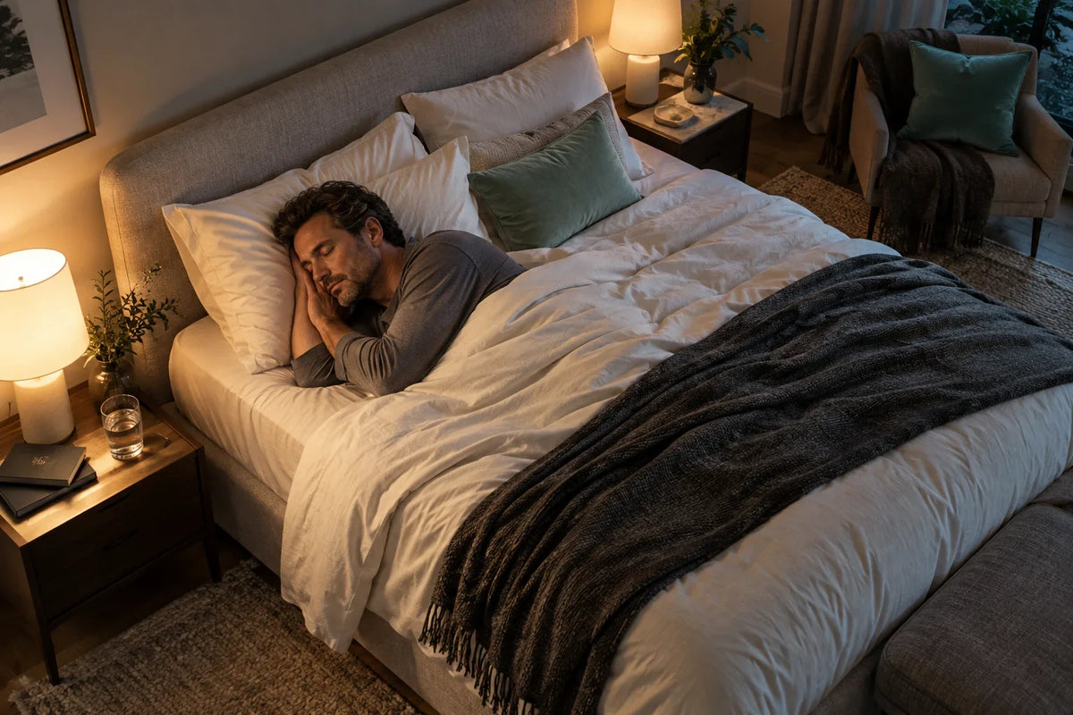 Homme dormant sur le côté dans un lit en lin clair, avec un plaid anthracite et un éclairage de chevet chaleureux.