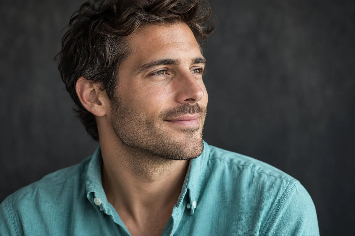 Portrait de trois quarts d’un homme en chemise turquoise, le nez bien visible