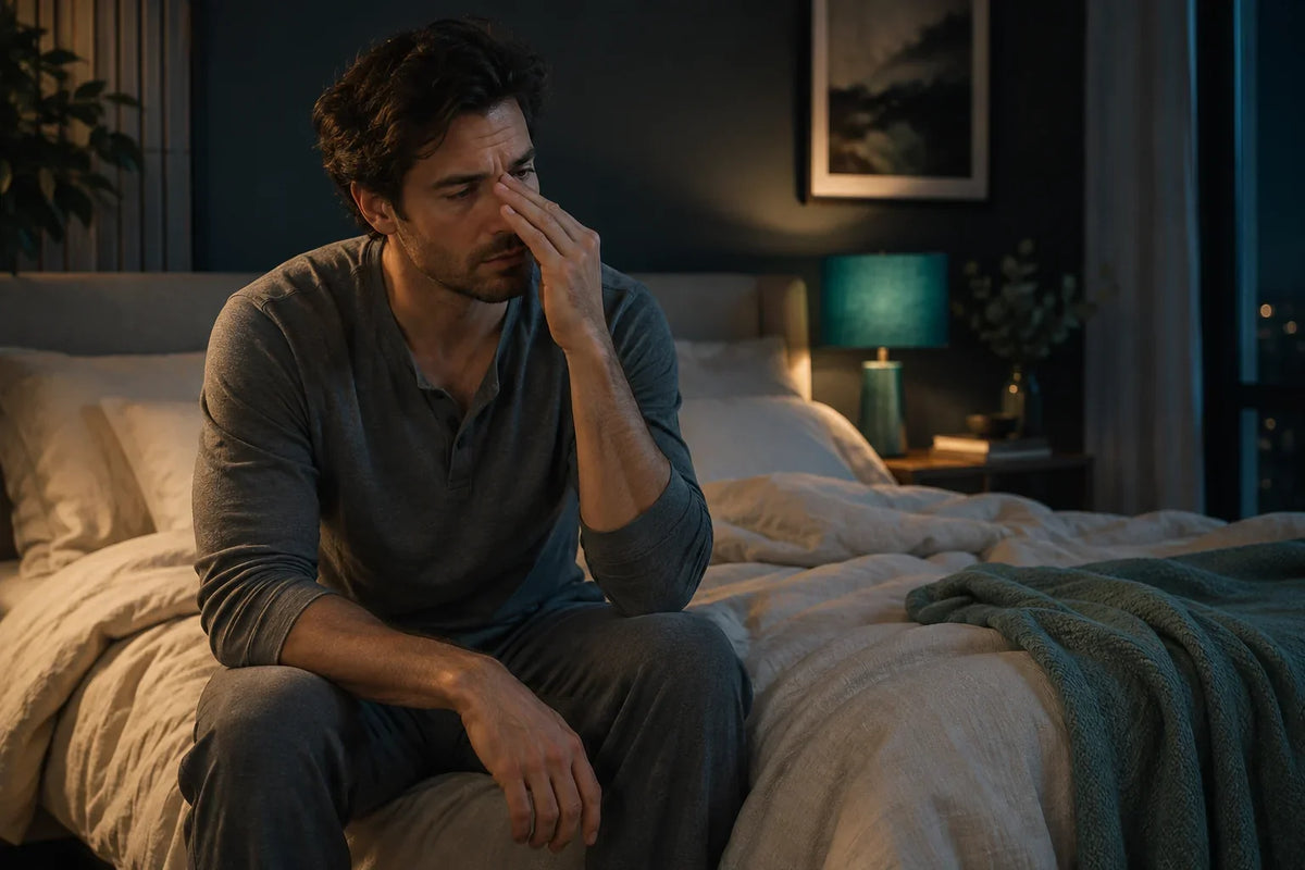 Homme assis au bord de son lit la nuit, une main sur le nez, dans une chambre aux tons anthracite et turquoise.