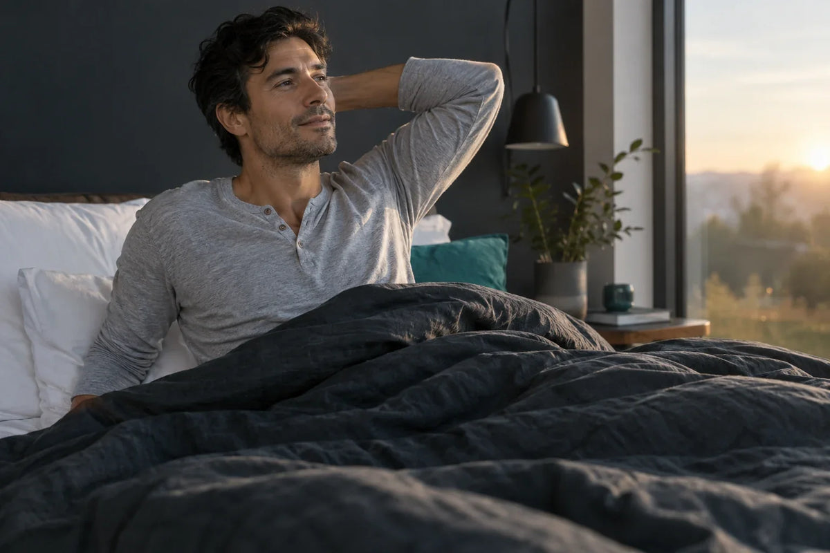 Homme réveillé dans son lit à la lumière du matin, avec une literie anthracite et des coussins blancs.