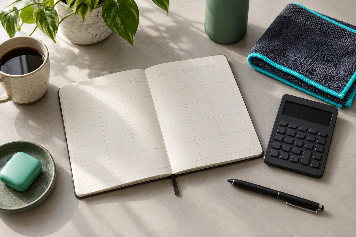 Agenda, calculatrice et serviette de sport aux détails turquoise sur un bureau lumineux.
