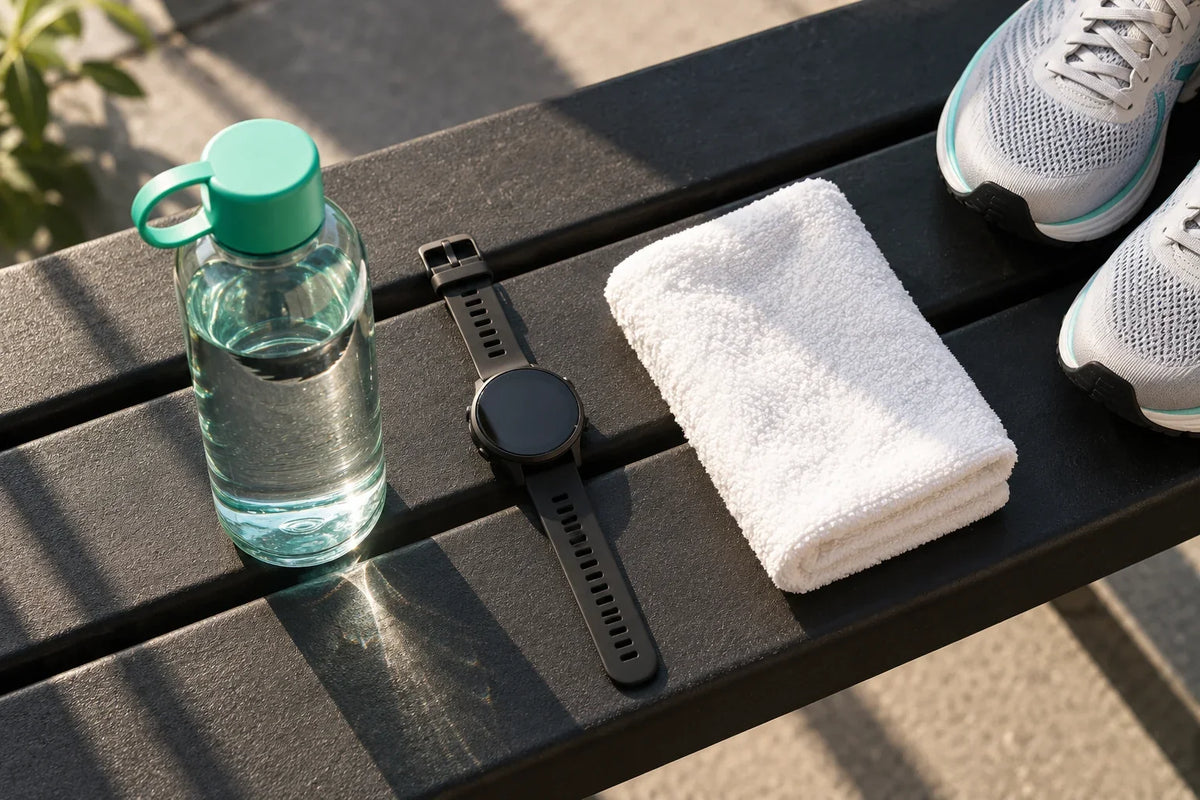 Gourde à bouchon menthe, montre de sport, serviette et chaussures de running sur un banc.