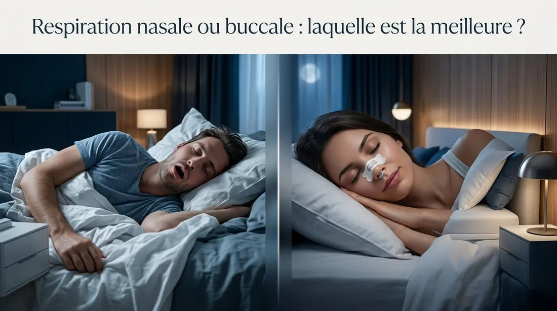 Comparaison entre la respiration nasale et la respiration buccale illustrant leurs effets sur le sommeil, la santé et les performances.