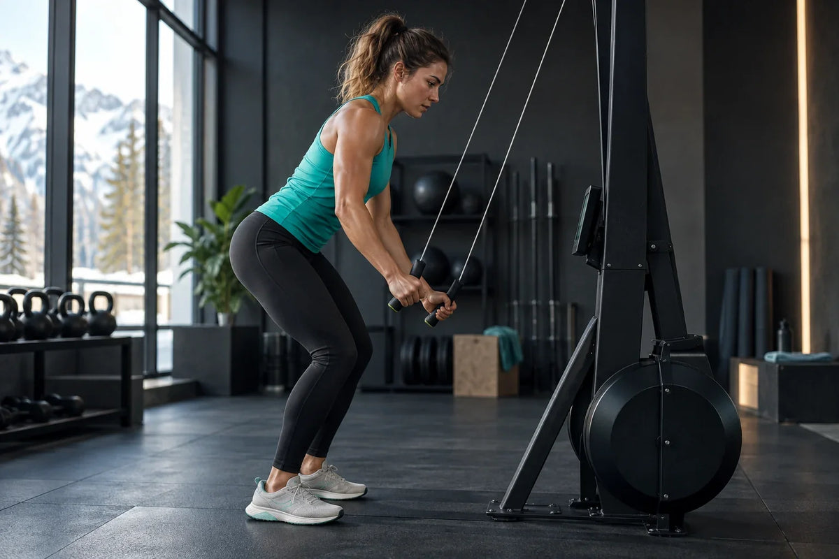 Sportive en haut turquoise utilisant un ergomètre de ski dans une salle anthracite