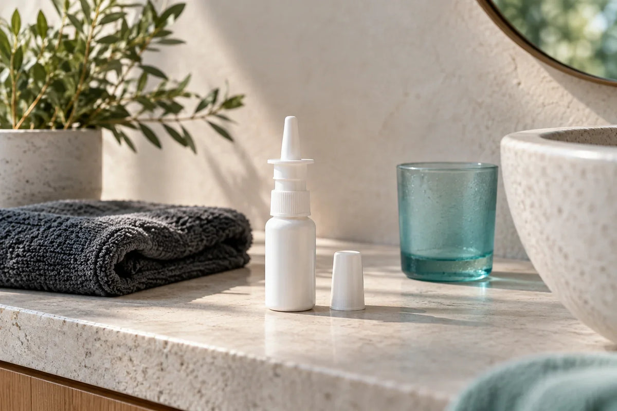 Flacon blanc de spray nasal sans étiquette sur une étagère en pierre claire, près d’une serviette anthracite et d’un verre turquoise.