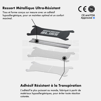 Bandes Nasales Sport & Sommeil Noires BreathersBliss montrant les normes de qualité, les matériaux hypoallergéniques et la conception premium