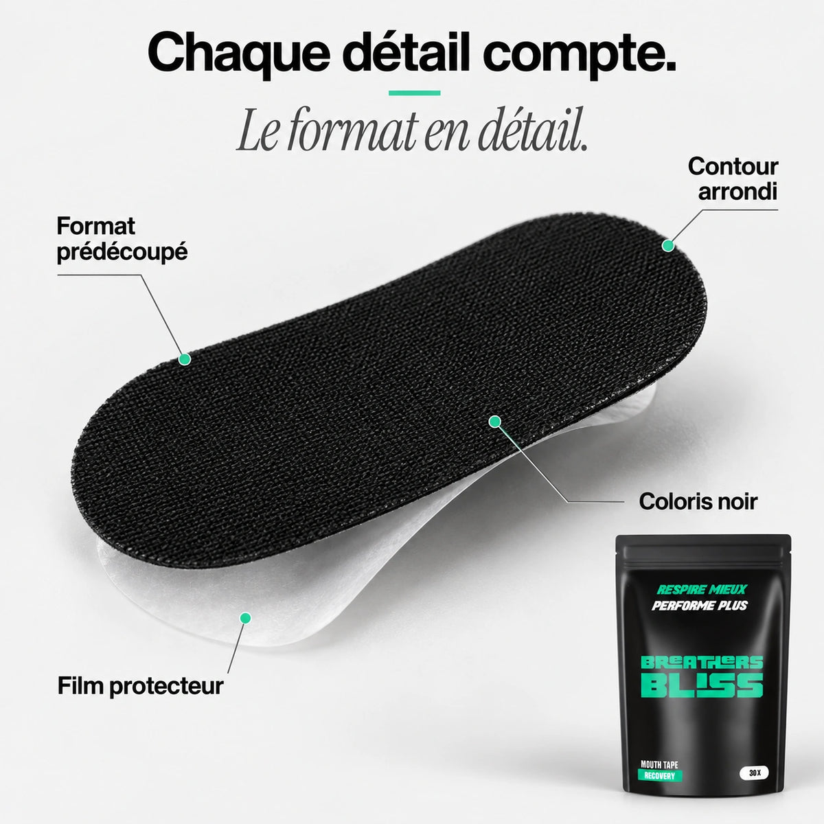 Gros plan d’une bande buccale noire BreathersBliss : forme prédécoupée, contours arrondis et film protecteur à retirer.