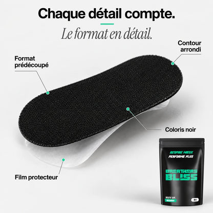 Gros plan d’une bande buccale noire BreathersBliss : forme prédécoupée, contours arrondis et film protecteur à retirer.