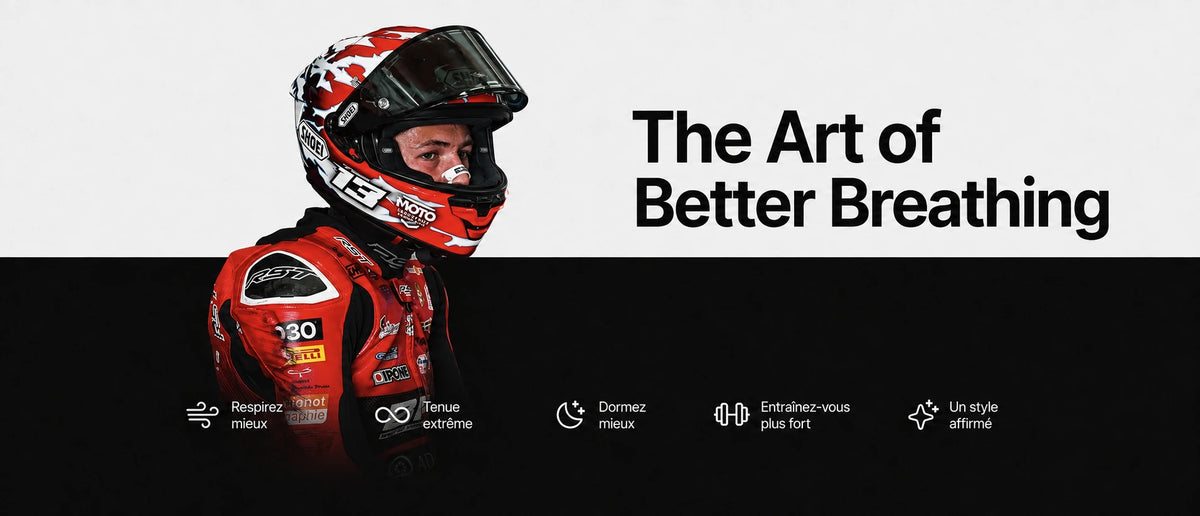 Pilote de moto portant une bande nasale BreathersBliss, The Art of Better Breathing.