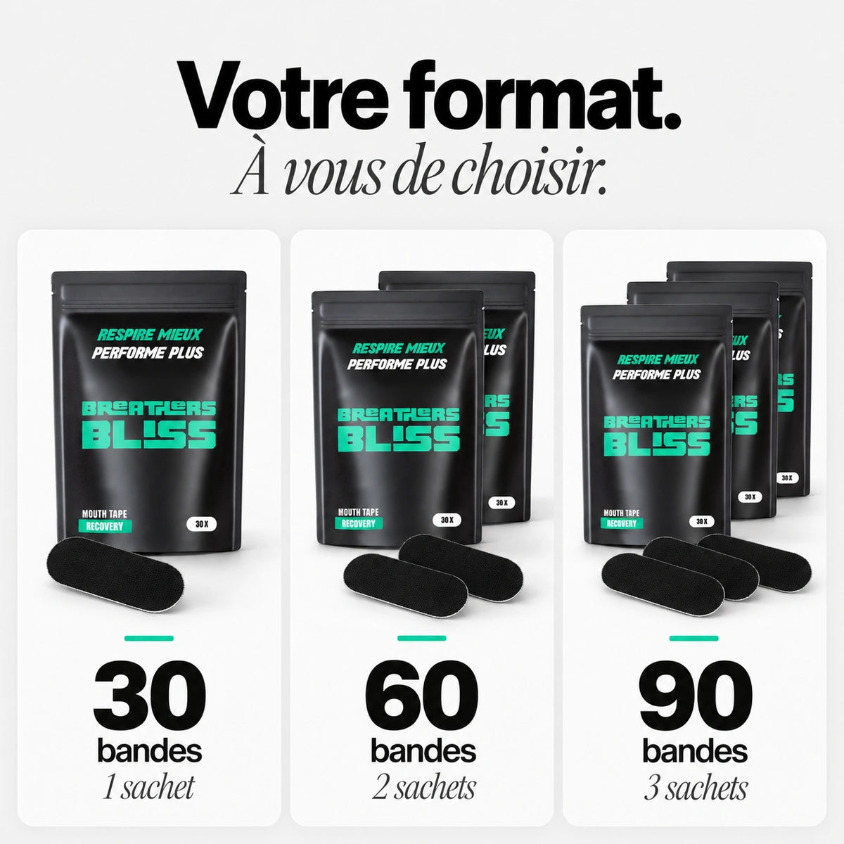 Formats de bandes buccales noires BreathersBliss : 30 bandes dans un sachet, 60 dans deux sachets et 90 dans trois sachets.