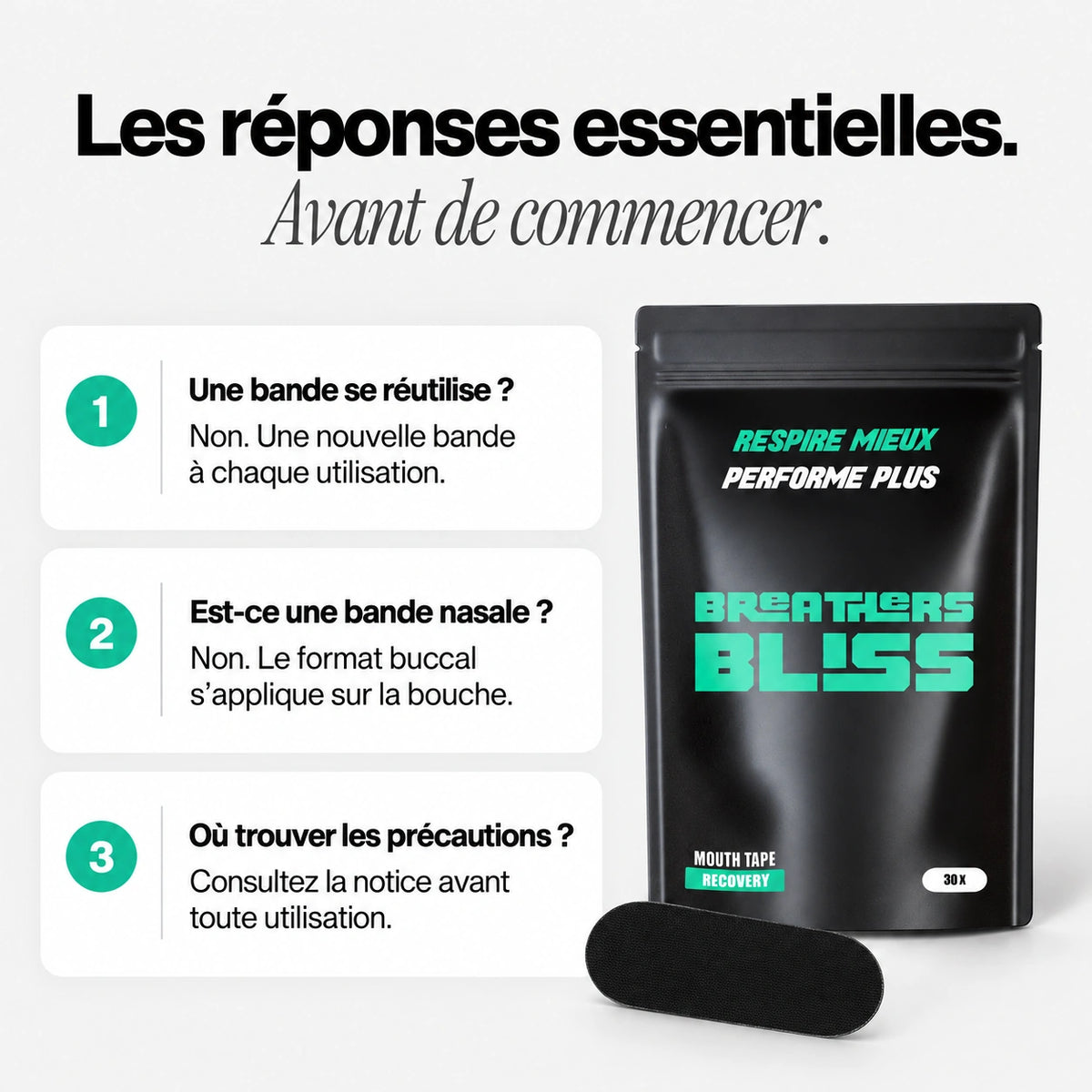 Questions sur les bandes buccales BreathersBliss : usage unique, différence avec une bande nasale et lecture de la notice.