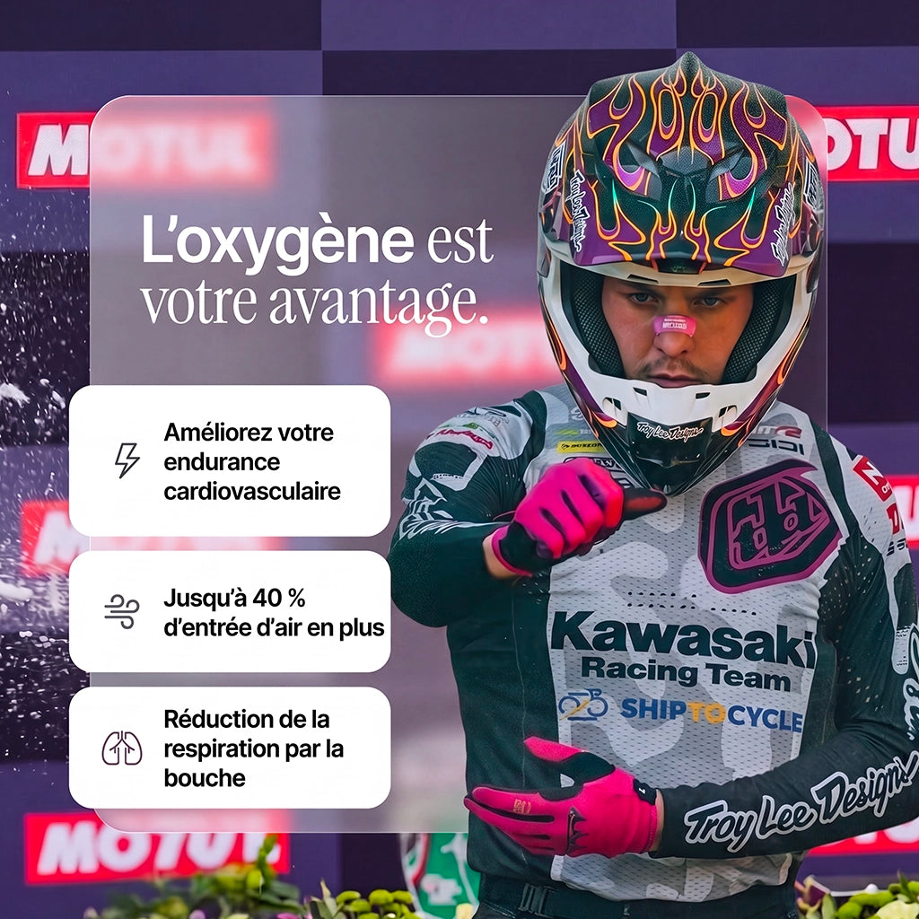 Athlète portant des bandes nasales roses BreathersBliss pour améliorer la respiration, les performances sportives et la récupération.