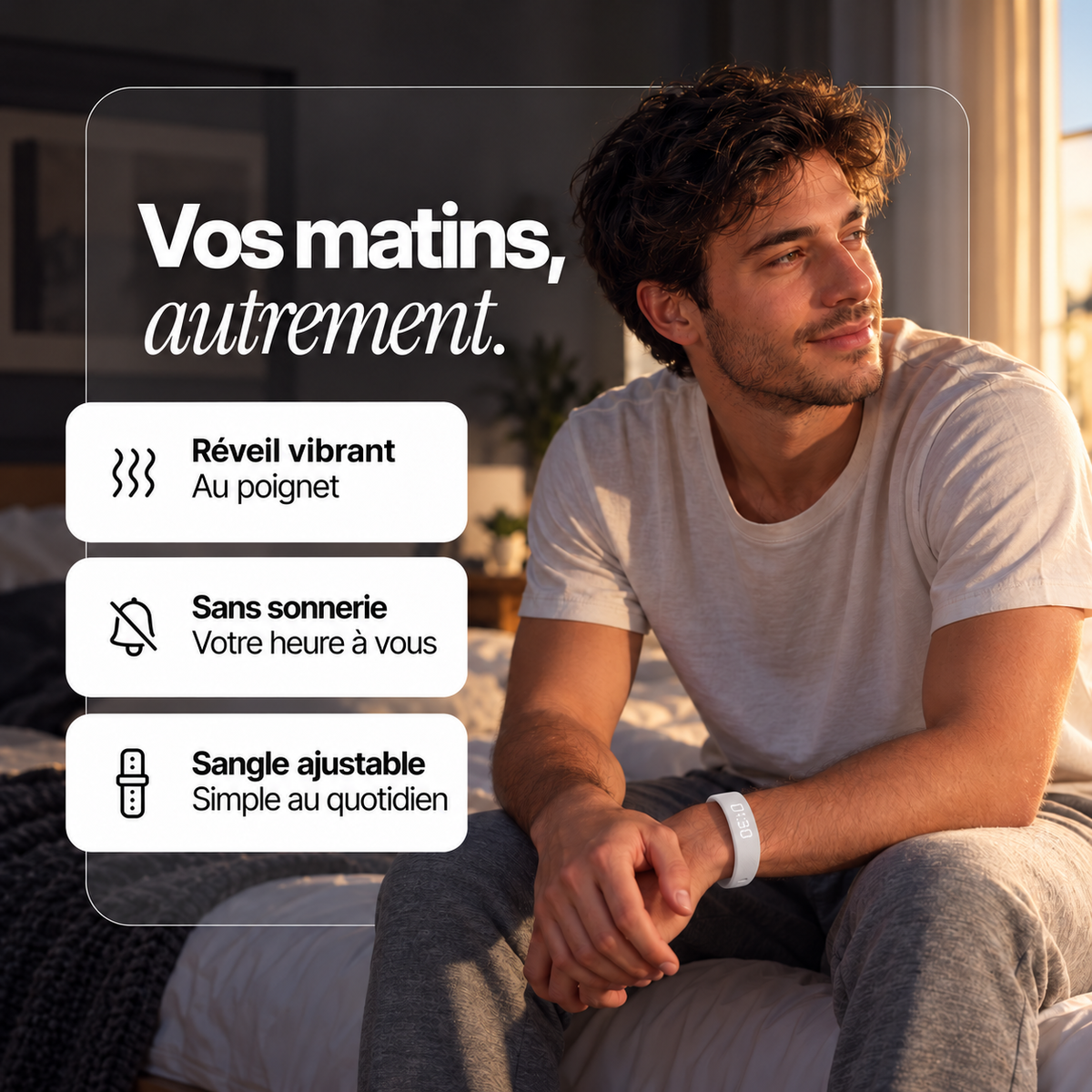 Bracelet réveil RISE blanc — mise en situation