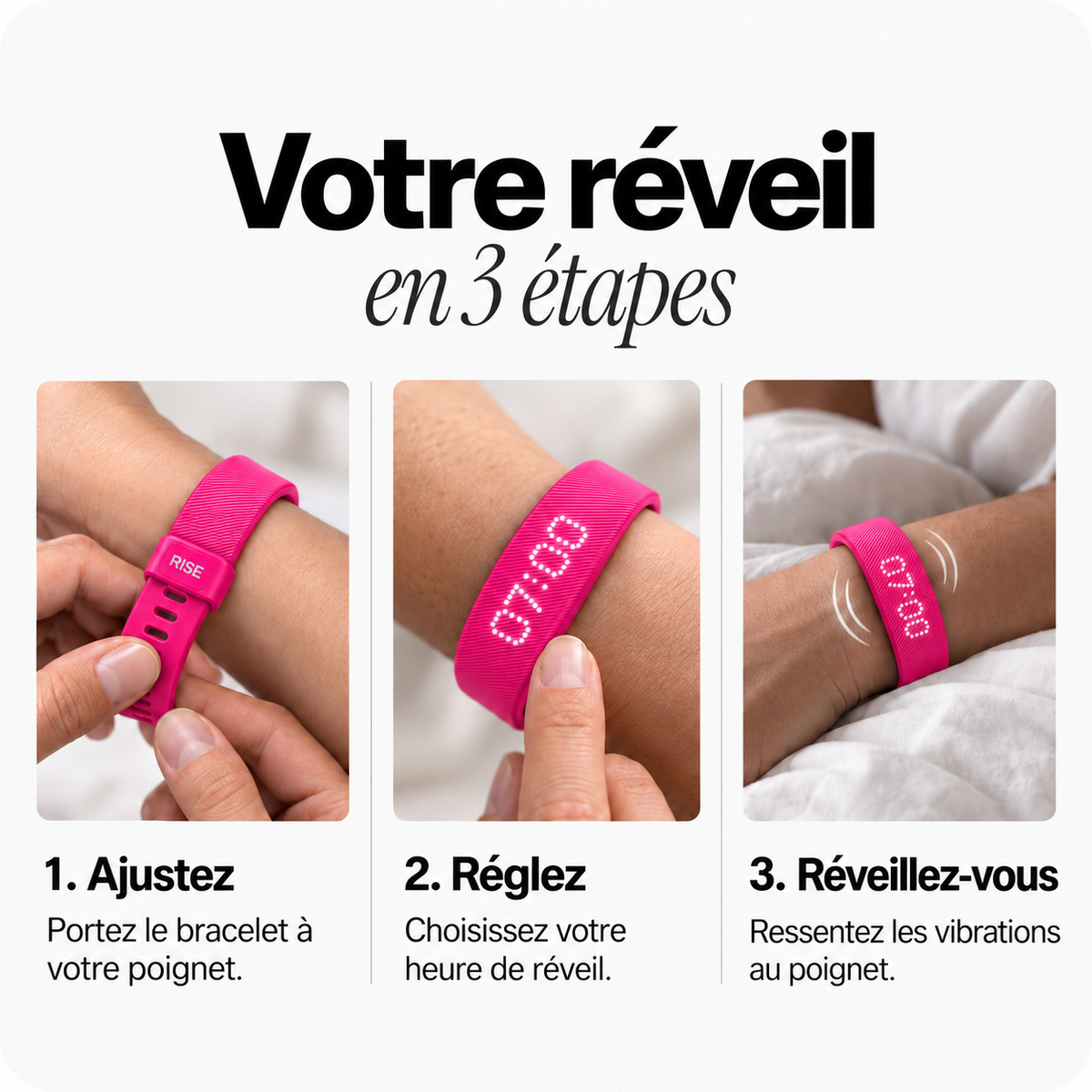 Bracelet réveil RISE rose — mode d’emploi