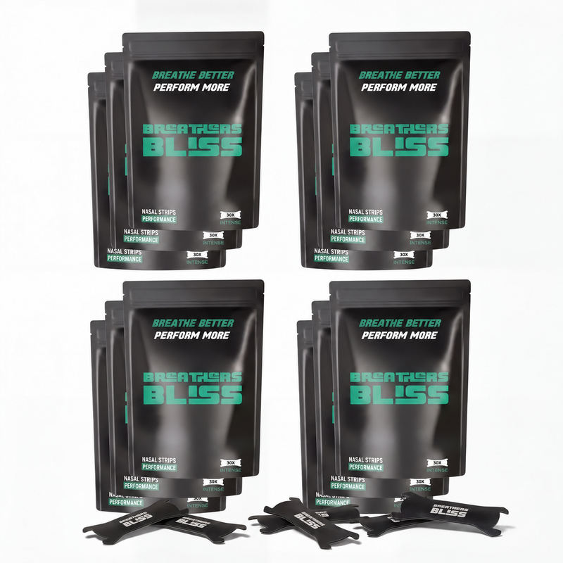 Pack annuel de bandes nasales noires BreathersBliss avec 12 sachets et bandes nasales noires.