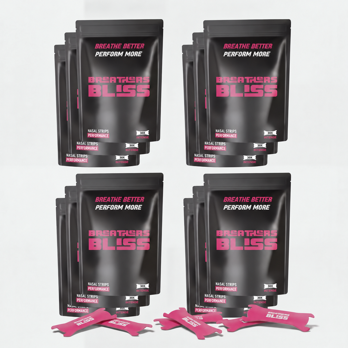 Pack annuel de bandes nasales roses BreathersBliss avec 12 sachets et bandes nasales roses.