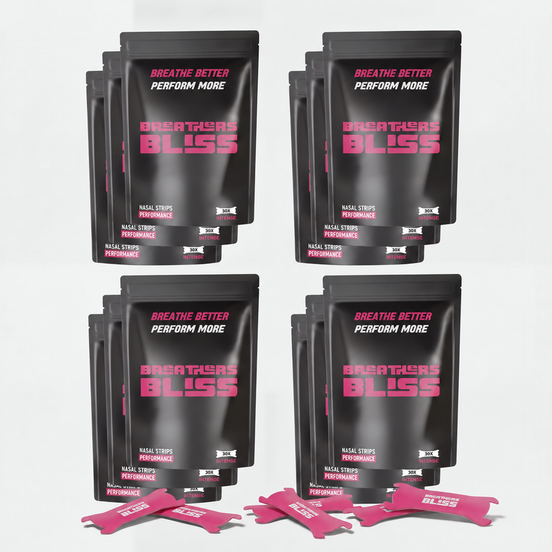 Pack annuel de bandes nasales roses BreathersBliss avec 12 sachets et bandes nasales roses.