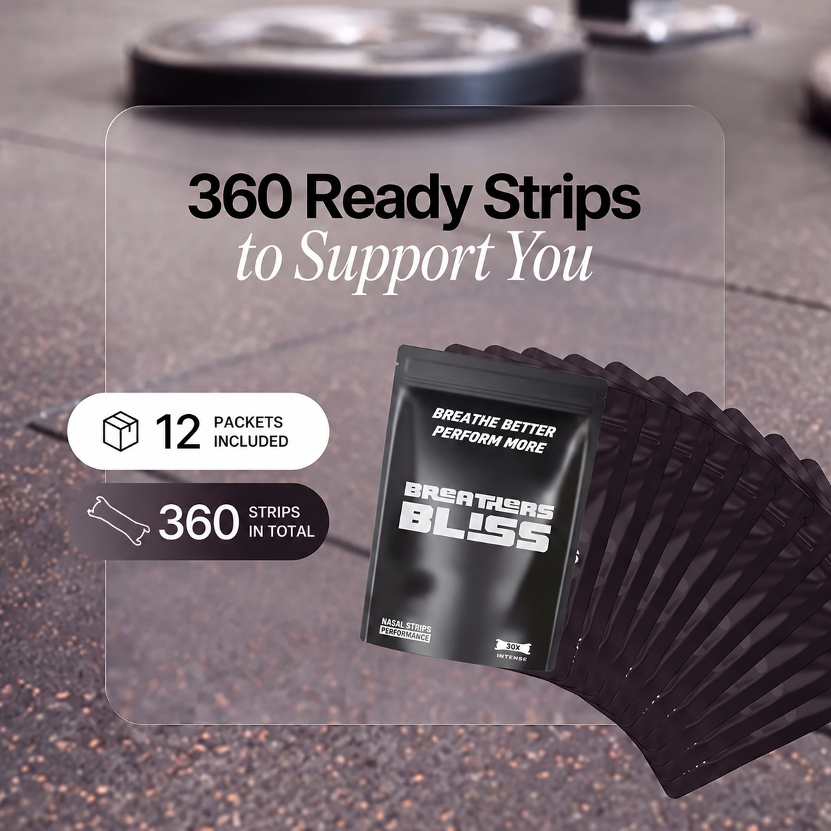 Pack annuel de bandes nasales blanches BreathersBliss avec 12 sachets et 360 bandes nasales.
