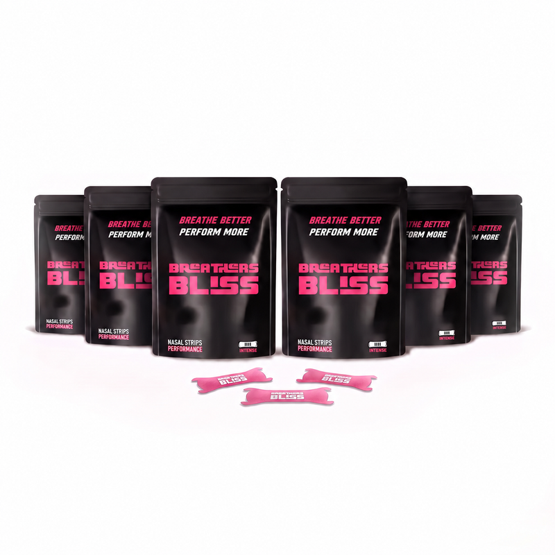 Pack de 6 sachets de bandes nasales Intense roses BreathersBliss, avec les bandes présentées devant.