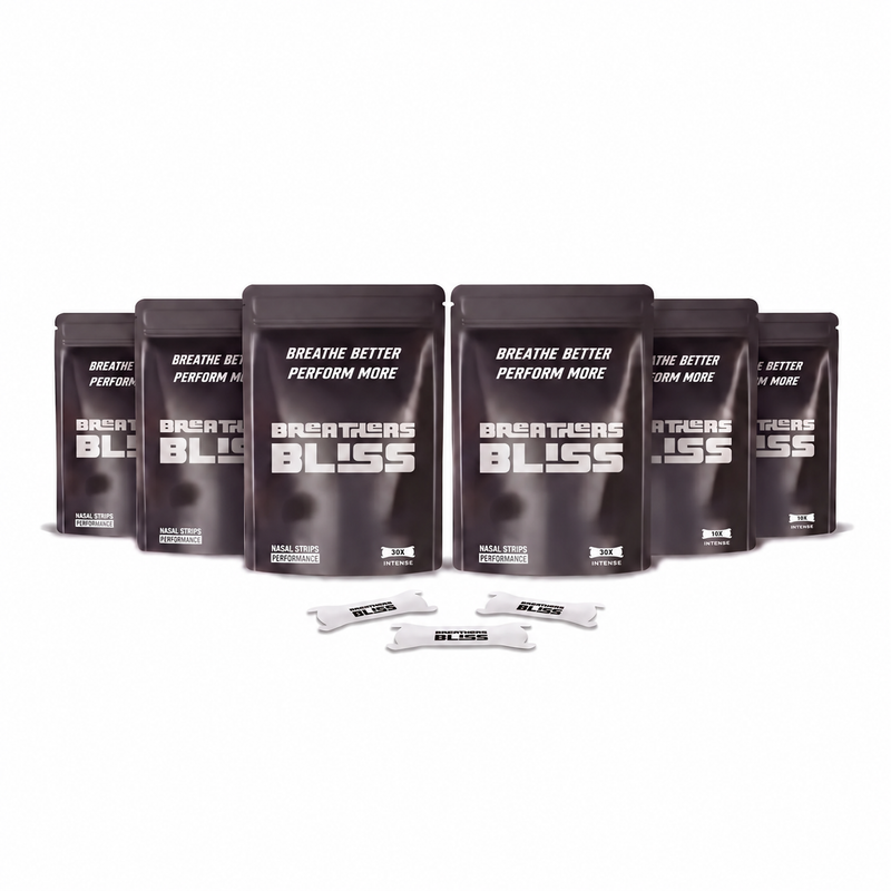 Pack de 6 sachets de bandes nasales Intense blanches BreathersBliss, avec les bandes présentées devant.