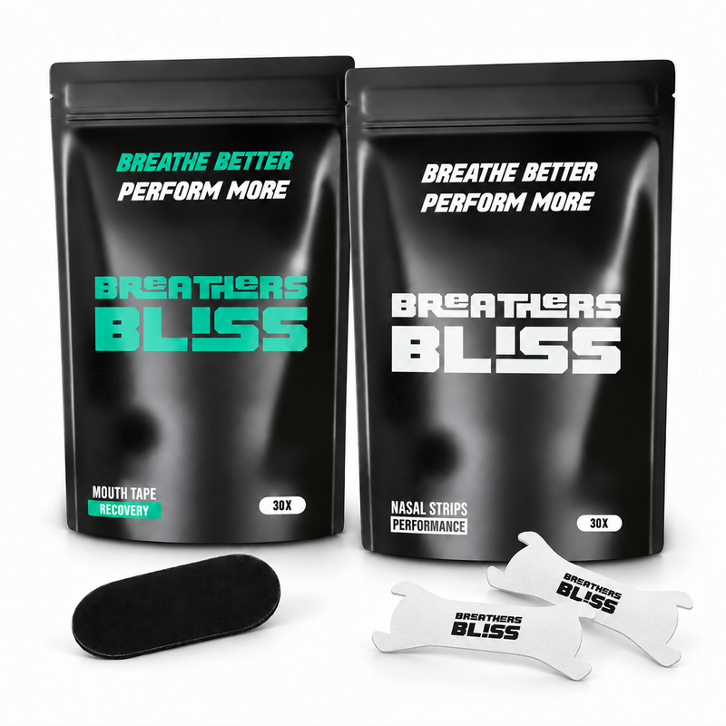 Pack Athlète blanc BreathersBliss avec un sachet de bandes nasales blanches et un sachet de bandes buccales classiques noires.