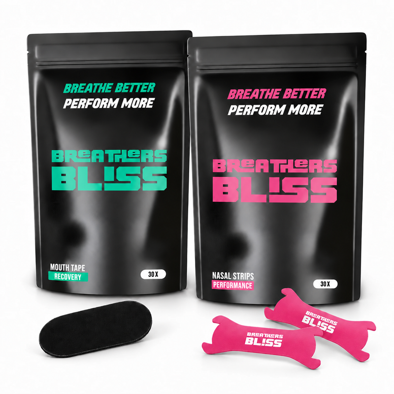 Pack Athlète rose BreathersBliss avec un sachet de bandes nasales roses et un sachet de bandes buccales classiques noires.