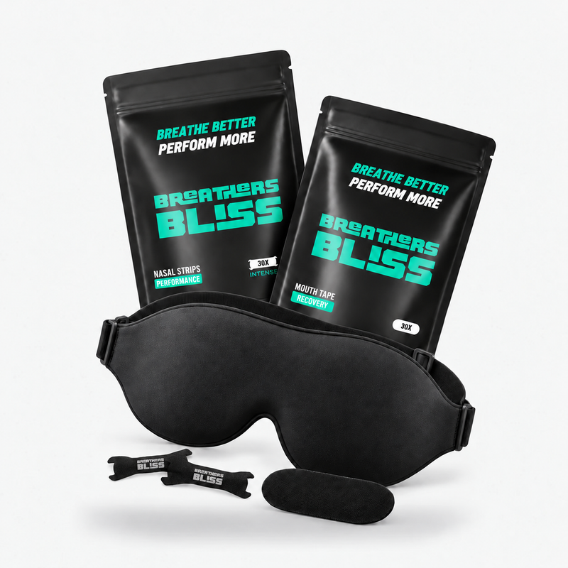 Pack Sommeil Complet BreathersBliss avec bandes nasales Intense noires, bandes buccales noires et masque de sommeil 3D noir.
