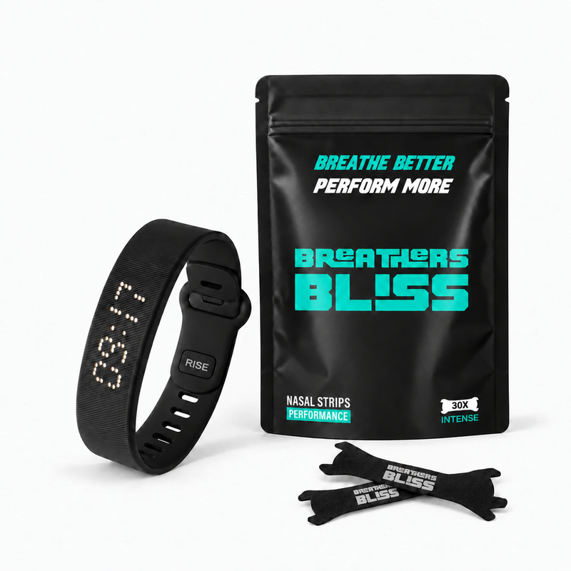 Pack Réveil Doux BreathersBliss avec un sachet de 30 bandes nasales Intense noires et un bracelet réveil RISE noir.